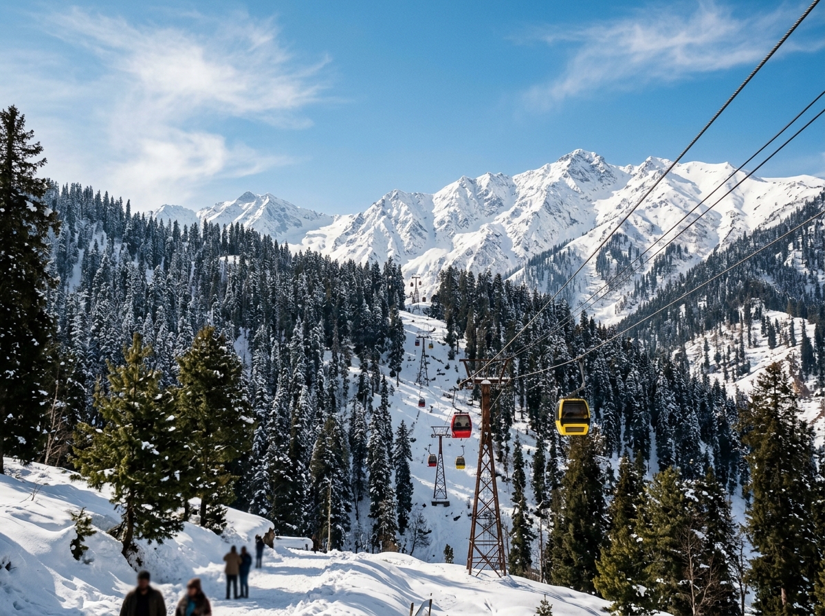 Gulmarg snow-clad pine slopes with gondola cable car and Himalayan peaks
