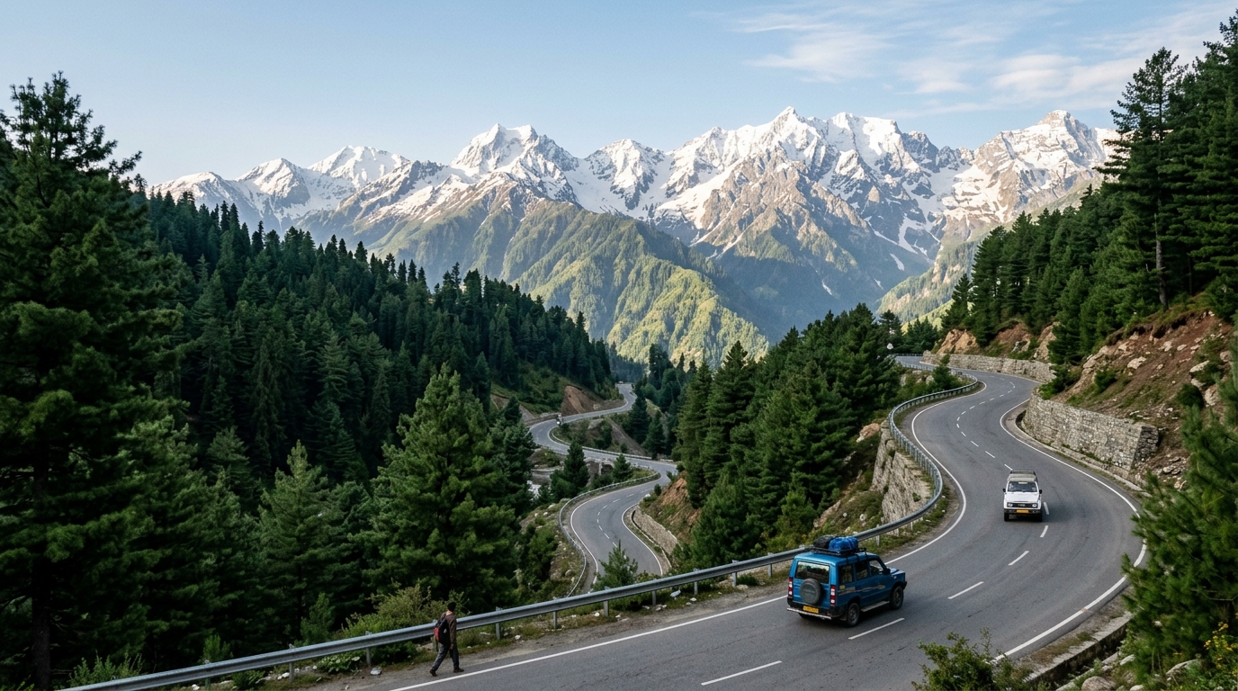 Scenic highway winding through Kashmir pine forests and Himalayan peaks